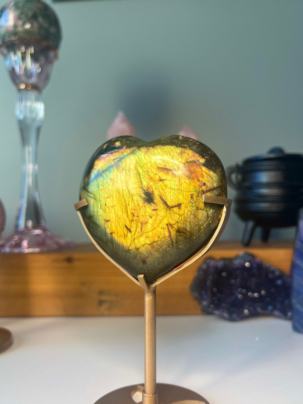 Heart-Shaped Labradorite Display in Gold Stand - Yellow-Green Iridescent